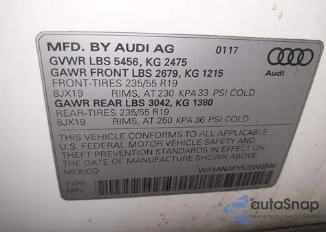 2018 Audi Q5 2.0T Premium/2.0T Tech Premium z USA, uszkodzony, nr VIN WA1ANAFY5J2003596